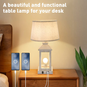 English Elm 20.5" Vintage Table Lamp Set of 2, White Gold Farmhouse Nightstand Lamps with Linen Shade, USB-C+A Ports and Soft Nightlight W2312P389976