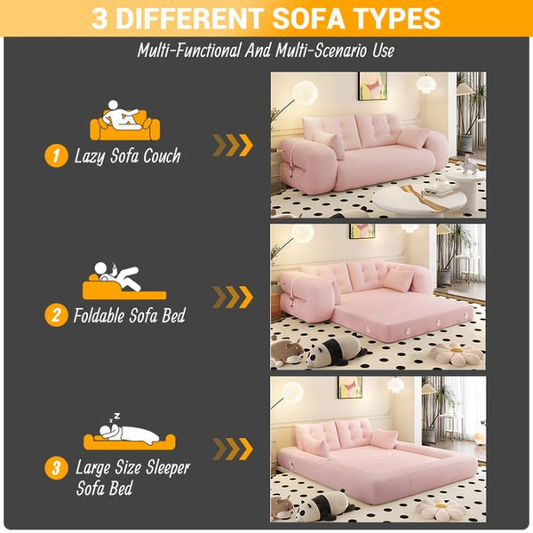 English Elm Human 78.7" Multi-Functional Foldable Sofa Bed - 3-in-1 Teddy Fabric Sleeper with 4 Pillows, Beige W1885P306886