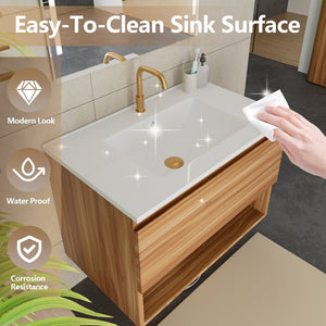 English Elm 30 Inch Floating Bathroom Vanity Fluted Wood Grain Front with Ceramic Integrated Sink W3520S00042