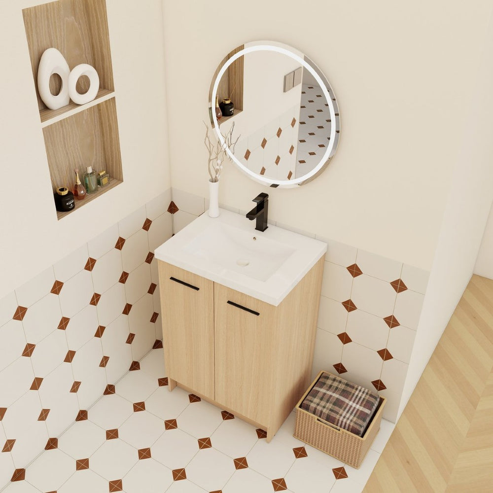 English Elm 24" Floating Oak Plywood Bathroom Vanity Set with Glossy Resin Sink Scandinavian Style W3450S00090