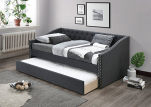 English Elm Contemporary Tufted Burlap Daybed with Pull Out Trundle and Nailhead Trim Detail B011S02042