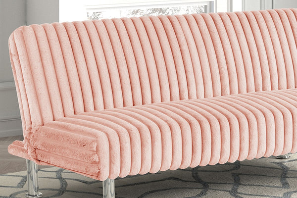 English Elm Pink Futon Sofa Bed with Chrome Support Legs, Contemporary Convertible Design, Foam Cushioned Comfort Pink 67 L x 41 W x 9 H B2741P364371