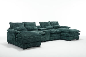 English Elm Modern U-Shaped Sofa With Console, Usb Ports & Cupholders – 6-Seat Chenille Sleeper Couch In Green W2100S00279