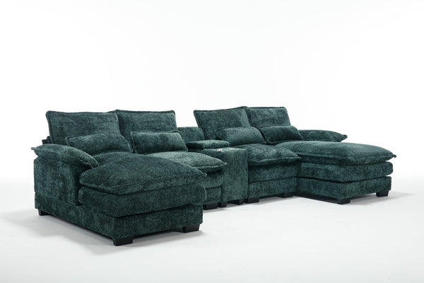 English Elm Modern U-Shaped Sofa With Console, Usb Ports & Cupholders – 6-Seat Chenille Sleeper Couch In Green W2100S00279