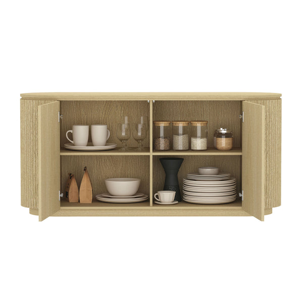 English Elm Olivia Mid-Century 60" Sideboard in Natural Oak Grain — Handle-Free Doors, Ribbed Texture, Pedestal Base B365S00113