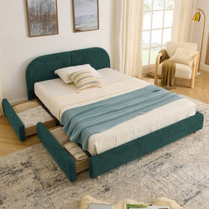 English Elm Queen Platform Bed Curved Headboard Circle Yarn Fabric with Four Wheeled Storage Drawers Green W487S00478