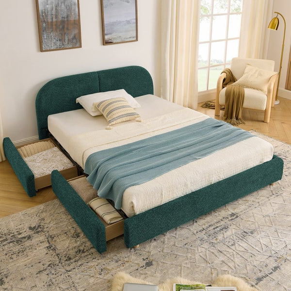 English Elm Queen Platform Bed Curved Headboard Circle Yarn Fabric with Four Wheeled Storage Drawers Green W487S00478