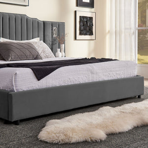 English Elm Queen Velvet Platform Bed with Tufted Headboard Integrated Nightstands and Striped Design Gray W487S00443