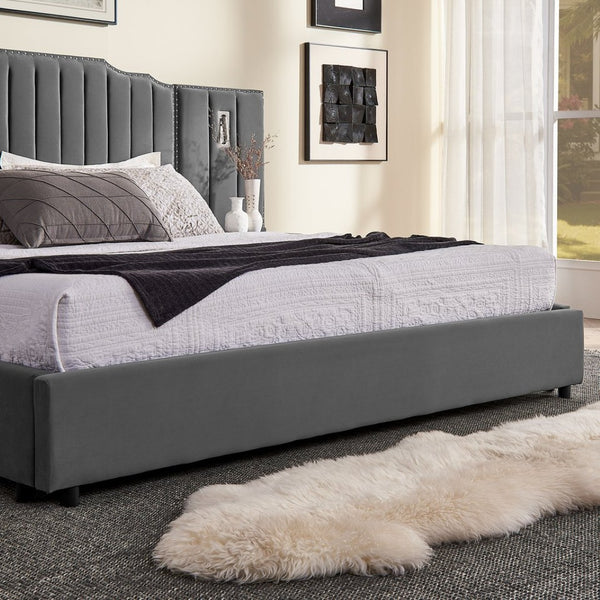 English Elm Queen Velvet Platform Bed with Tufted Headboard Integrated Nightstands and Striped Design Gray W487S00443