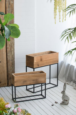 English Elm Set of 2 Rustic Wood Planter Boxes with Black Iron Stands for Farmhouse Decor W2078P496655