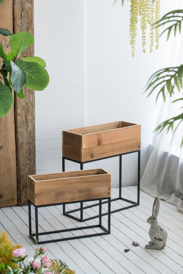 English Elm Set of 2 Rustic Wood Planter Boxes with Black Iron Stands for Farmhouse Decor W2078P496655