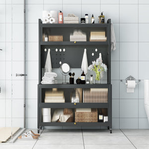 English Elm metal Bakers Rack Countertop Organizer Cabinet with Lockable Doors, 250kg Capacity, Smooth 360° Wheels W509P164652