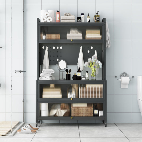 English Elm metal Bakers Rack Countertop Organizer Cabinet with Lockable Doors, 250kg Capacity, Smooth 360° Wheels W509P164652