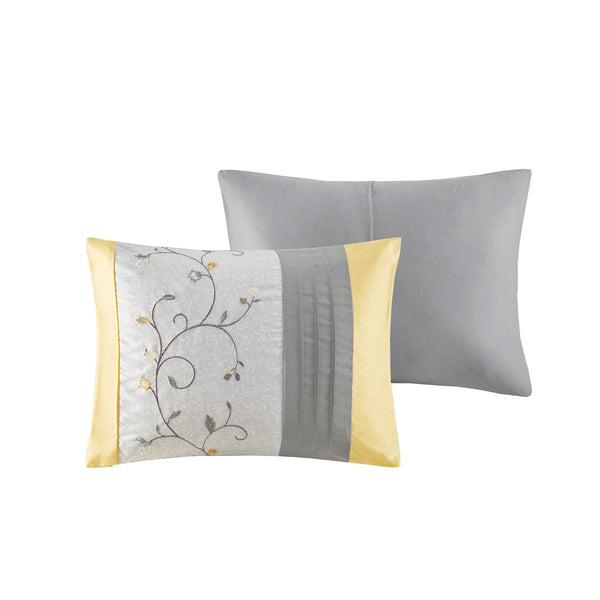 English Elm Embroidered Madison Park Serene 7-Piece Queen Comforter Set Yellow & Grey Faux Silk Floral Elegance B03596980