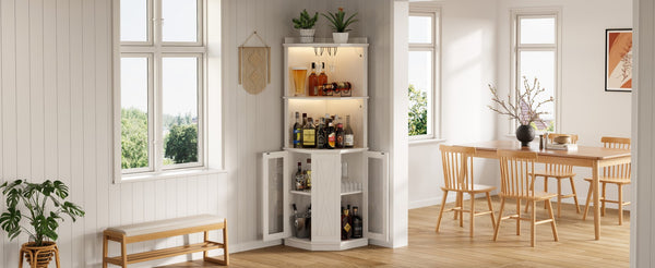 English Elm 67.3" Farmhouse Corner Bar Cabinet Led Lit Wine Storage with Built-in Power Outlets N735P361423K