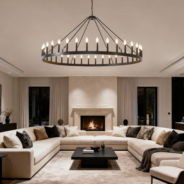 English Elm 59.06 Inch Matte Black Wagon Wheel Chandelier 54 Light Farmhouse Grand Entryway W5008P388933