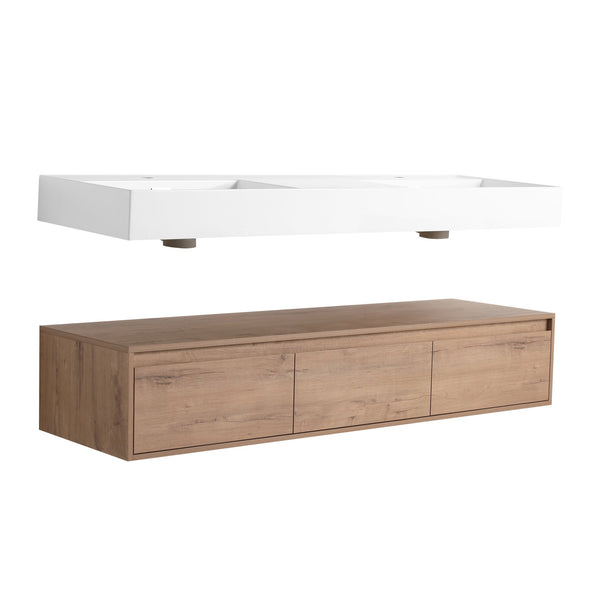 English Elm 60 Inch Wall-Mounted Modern Bathroom Vanity With Dual Resin Sinks, Soft Close Drawers & Chic Design W999S00356
