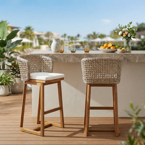 English Elm Outdoor Acacia Teak Bar Stools Set of 2 Wicker Back with Cushioned Patio Seating N773P306707B