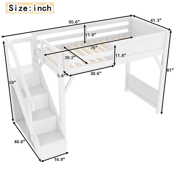 English Elm Twin Low Loft Bed Solid Pine Frame Kids Study Desk Blackboard Storage White Light White W1580S00466