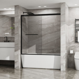 English Elm Goodyo Matte Black Framed Sliding Tub Enclosure Tempered Glass Bathtub Shower Door W1223S00045