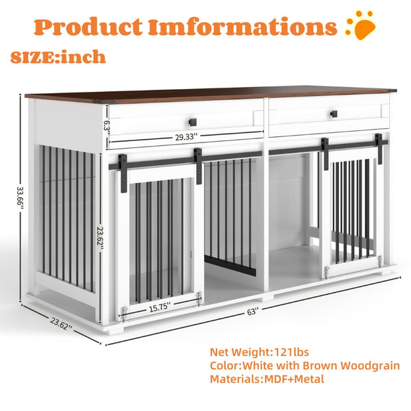 English Elm 63'' Farmhouse Double Dog Crate Furniture with Wood Grain Mdf Build and Storage Drawers W2557P231672