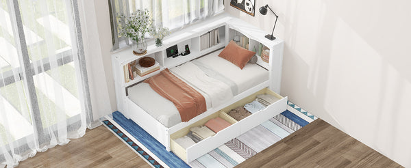 English Elm Twin Twin Size Daybed with USB Charging, Two Storage Drawers & Shelves, Sturdy MDF Frame, 300lb Capacity White GX000396AAK