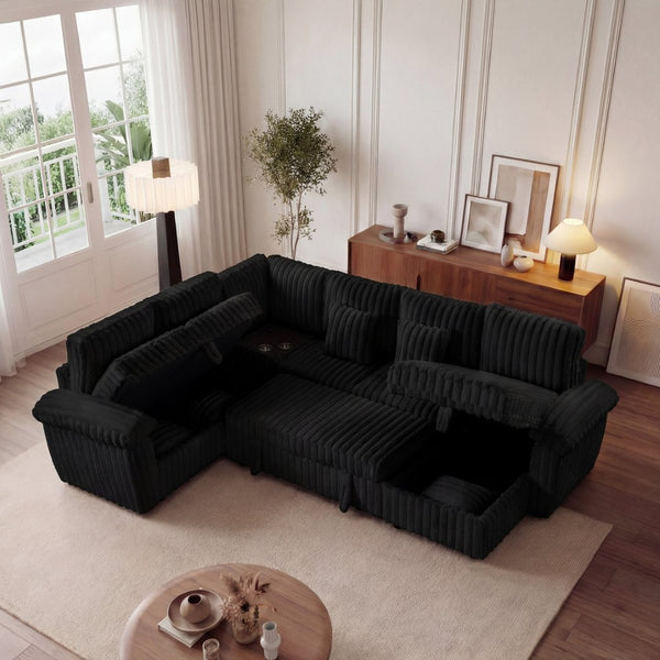 English Elm 103-inch U-shaped Corduroy Sectional with Sleeper Storage and Built-in Corner Table W2564S00140