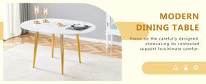 English Elm With Retractable Leaf Round Oval Mdf Top and Sleek Metal Legs Modern Dining Table White+Gold W1151S03870