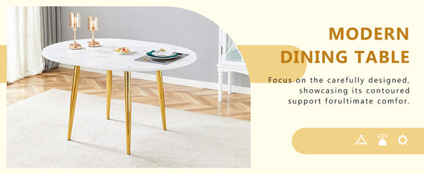 English Elm With Retractable Leaf Round Oval Mdf Top and Sleek Metal Legs Modern Dining Table White+Gold W1151S03870