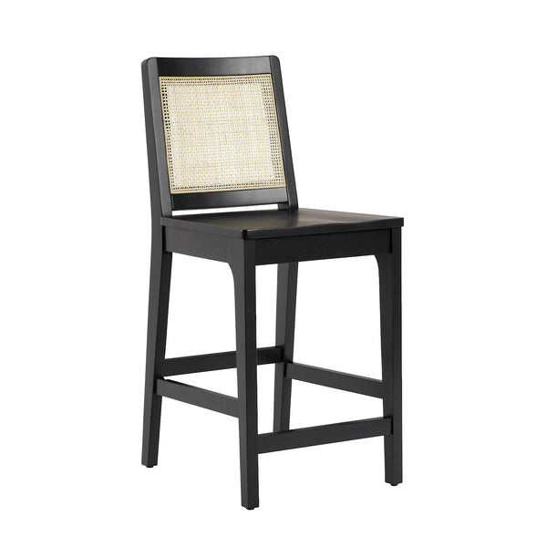 English Elm Walker Edison - Transitional Solid Rubberwood & Woven Rattan Counter Stools Set of 2 in Black — Durable, Easy-Clean, Floor-Protecting Sliders B185P169231
