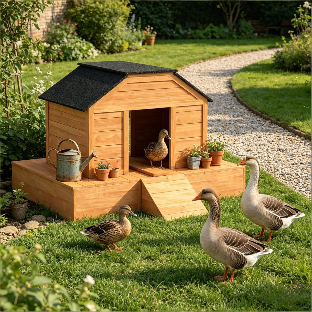 English Elm Poultry Floating Fir Wood Duck House with Asphalt Roof Ramp and Dual Ventilation Doors T3971P501996