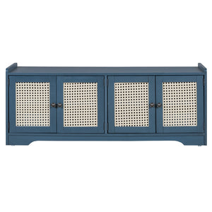 English Elm TREXM Rustic Storage Bench with Woven Rattan Doors, Removable Cushion & Adjustable Shelves for Entryway Home Organizing Antique Navy,Beige N715P308013M