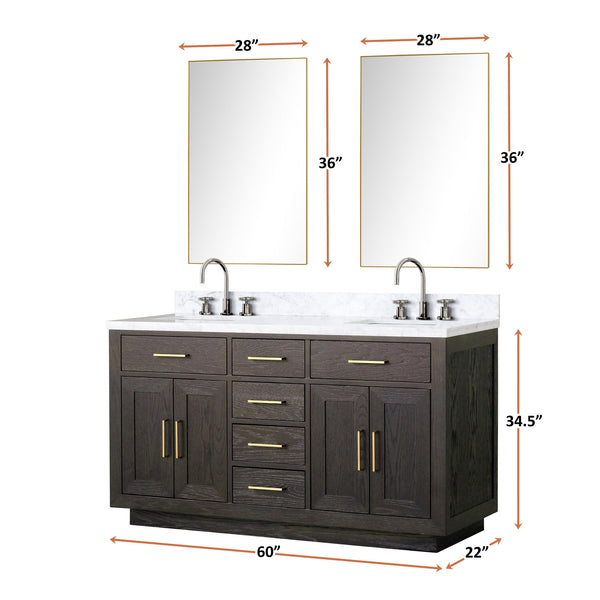 English Elm Brown Oak Double Bath Vanity With Carrara Marble Top & Chrome Faucets - Elegant Storage Solution B2731S01793