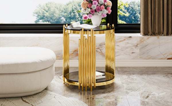 English Elm Modern Round Mirrored Glass End Table with Gold Metal Frame and Lower Display Shelf Black N735P380092B