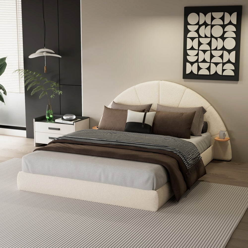 English Elm Christopher Knight Home® - Unique Arched Bouclé Bed Queen Beige with Built-In Side Table, Plush Fabric, Stable 800lb Capacity N769P294907Q