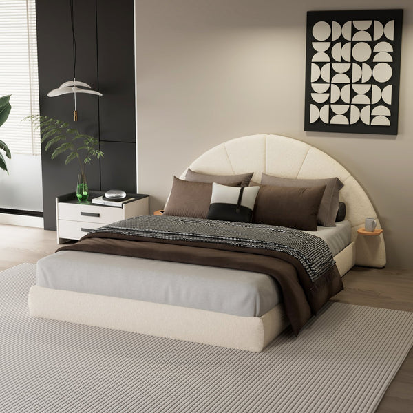 English Elm Christopher Knight Home® - Unique Arched Bouclé Bed Queen Beige with Built-In Side Table, Plush Fabric, Stable 800lb Capacity N769P294907Q