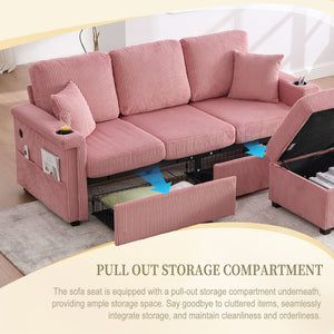English Elm UNITED Corduroy L-Shaped Sectional Sofa with Storage Ottoman, USB Ports, Cup Holders & LED Lighting Pink W1568P332401