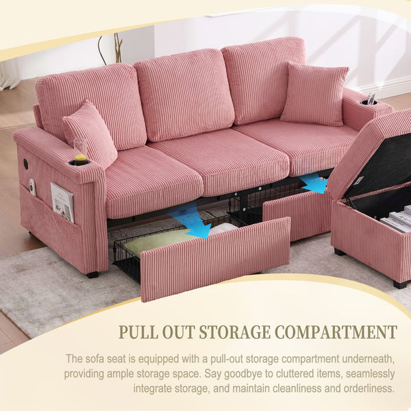 English Elm UNITED Corduroy L-Shaped Sectional Sofa with Storage Ottoman, USB Ports, Cup Holders & LED Lighting Pink W1568P332401