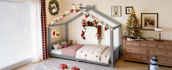 English Elm Twin House Frame Floor Bed Solid Pine Kids Room Montessori Low Profile Play Nook Gray W1580P387838