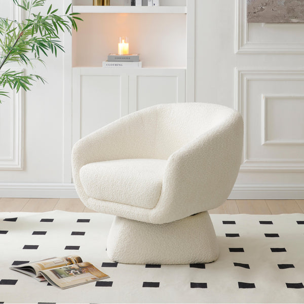 English Elm White Boucle swivel Chair with Solid Wood Frame — Ergonomic Modern Armchair, Durable Comfort W2664P367722