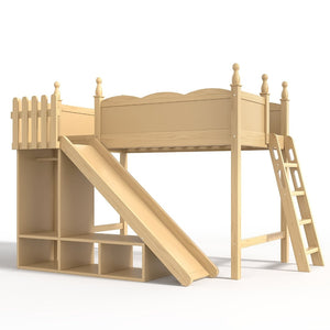 English Elm Twin Loft Bed Solid Pine Frame with Wardrobe Shelving Detachable Slide Kids Room Natural W5305S00017