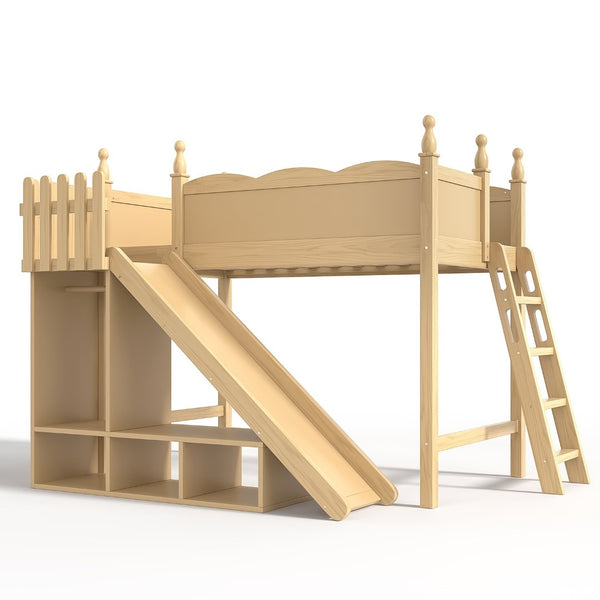 English Elm Twin Loft Bed Solid Pine Frame with Wardrobe Shelving Detachable Slide Kids Room Natural W5305S00017