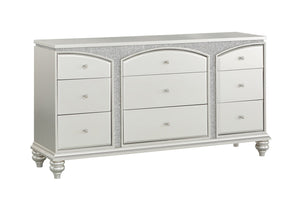 English Elm Maverick Platinum Finish Dresser with 9 Drawers, Crystal Knobs, Rhinestone Inlay, Felt Top Drawer - Luxurious Storage Silver 70.5 L x 20.5 W x 34 H B2726P247644