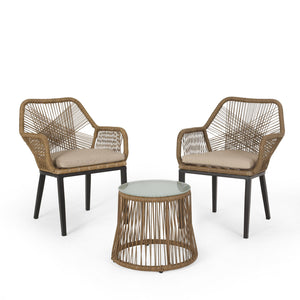 English Elm Christopher Knight Home® - RUSSELL Light Brown PE Rattan Chat Set with Water-Resistant Cushions, Tempered Glass Side Table 71356.00LBRN