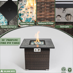 English Elm 30" 30" Propane Fire Pit Table 50000BTU Marble Tile Top Rattan Base with Glass Rocks & Cover W85343034
