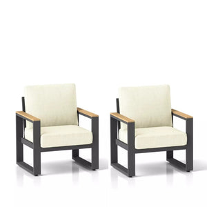 English Elm Set of 2 Powder-coated Aluminum Outdoor Armchairs with Ergonomic Reclined Cushioned Seats Beige+Black B082P455136