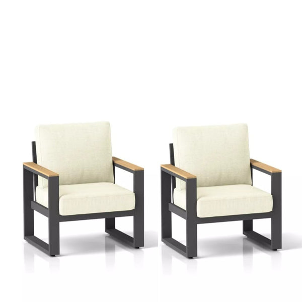 English Elm Set of 2 Powder-coated Aluminum Outdoor Armchairs with Ergonomic Reclined Cushioned Seats Beige+Black B082P455136