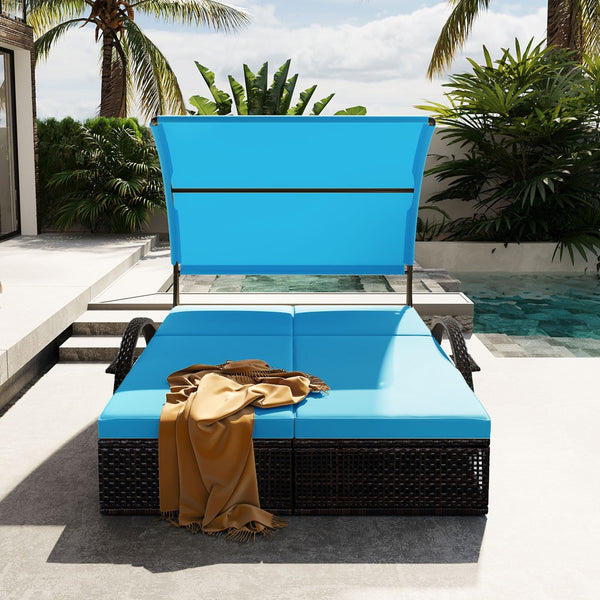 English Elm U_style Outdoor Double Sun Lounger Hdpe Wicker Steel Frame with Canopy Pop up Tables Blue WY000485AAC