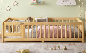 English Elm Twin Twin Size Floor Bed with Safety Guardrails and Playful Door for Kids, Pine/Plywood, Low Profile Natural W1580P338949