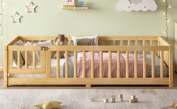 English Elm Twin Twin Size Floor Bed with Safety Guardrails and Playful Door for Kids, Pine/Plywood, Low Profile Natural W1580P338949